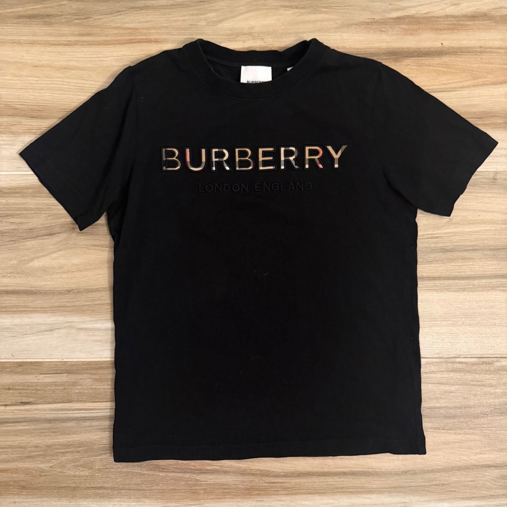 Burberry Kids Black Logo T-Shirt Vintage Check Inlay Size 10Y 140cm